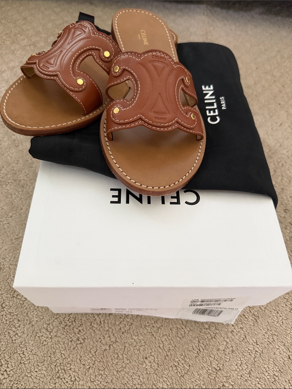 Celine Triomphe Tan Brown Leather Slide Sandals size 38.5